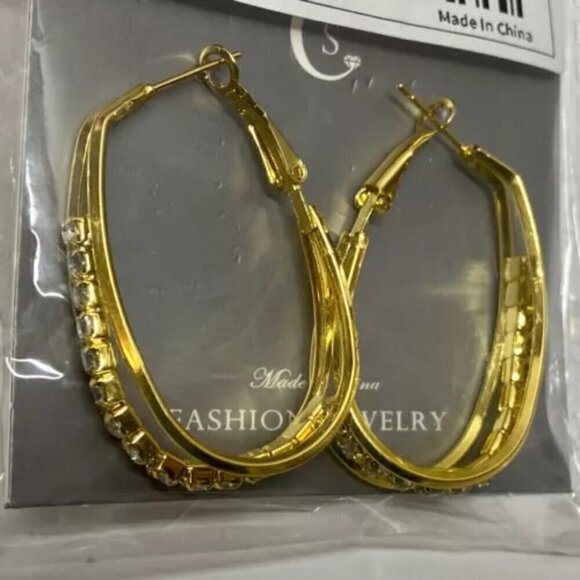 CS Fashion Earrings U Shape Multi Layer Hoop Design Golden Yellow with Gemstones - Picture 4 of 11